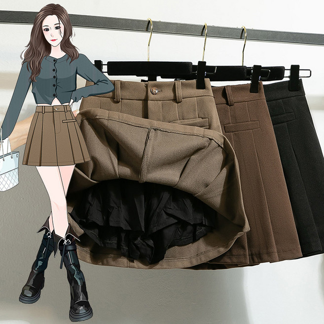 棉花糖高品質 大尺碼褲裙 秋冬韓版毛呢裙 高腰A字半身裙褲 假倆件女大碼