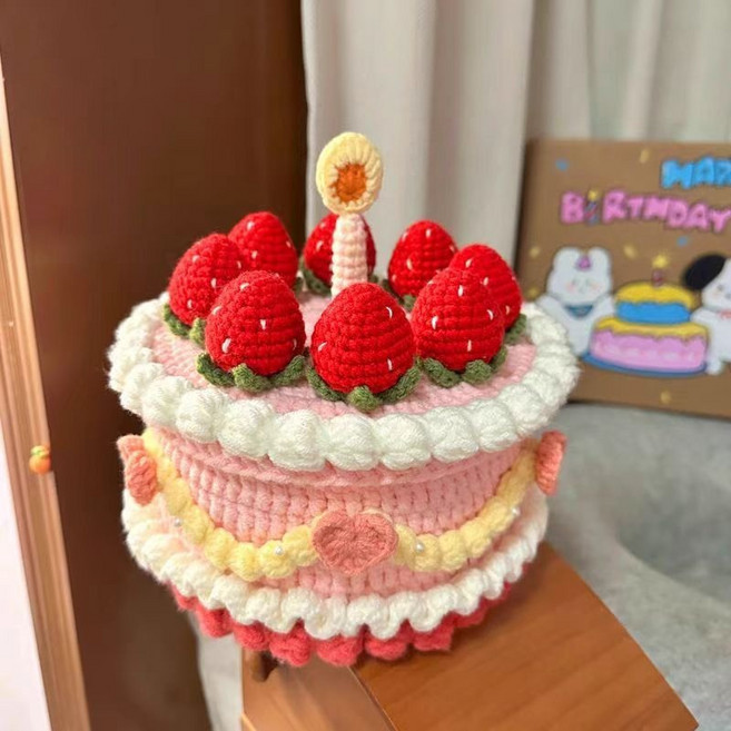 생딸기케이크 뜨개질 DIY키트 코바늘 힐링 취미 생일케이크 보관함 뜨개 키트, 1세트, 딸기 케이크