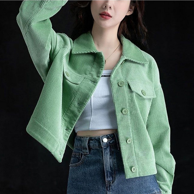 ROYALBELLE 여성 골덴 카라넥 버튼 디테일 베이직 디자인 루즈핏 긴팔 캐주얼 자켓 T06012107