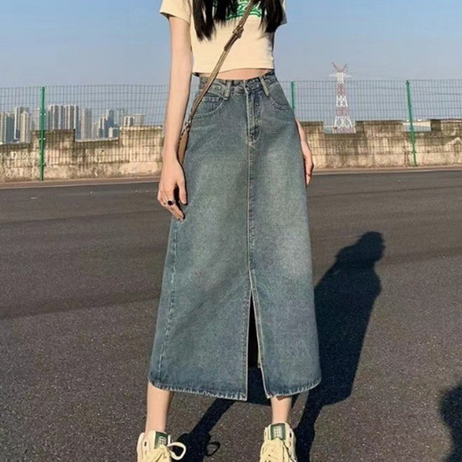 밑단 트임 롱 데님 스커트 봄스커트 H라인 데님스커트 7부 슬릿 데님 앞트임 청치마 키큰여자 미디스커트