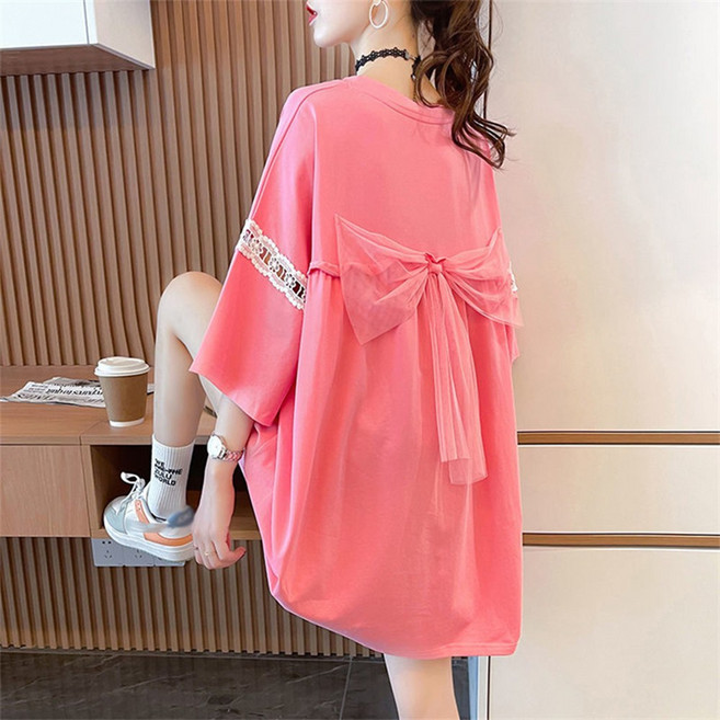 besteffie 개성 여성 여름 캐주얼 루즈핏 귀여운 프린트 면 티 개성 리본 장식 레이스 디테일 여자 반팔 티셔츠 K75