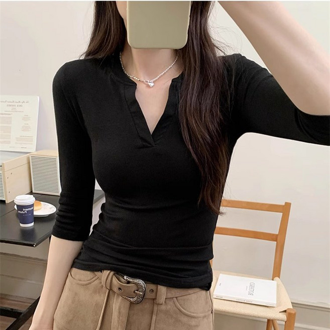 쁘띠꼬모 여성 슬림핏 7부 소매 티셔츠 브이넥 스판 티 HB6060302