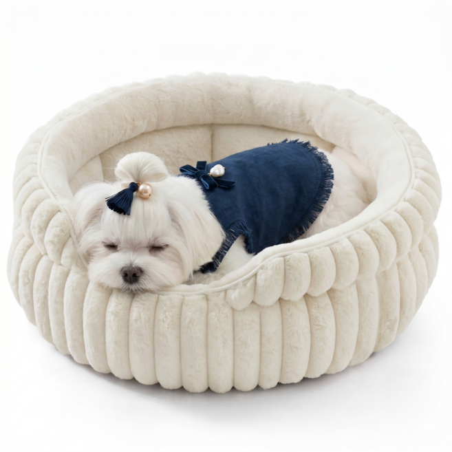 강아지 고양이 마약 방석 극세사 도넛 숨숨집 꿀잠 쿠션 미끄럼방지, 크림색, 1개