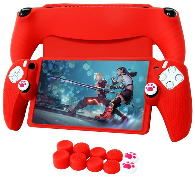HLRAO Silicone Case for PS Portal Full Coverage Protective Cover with 8+2 Thumb Grip Caps (Low/Mi, Red