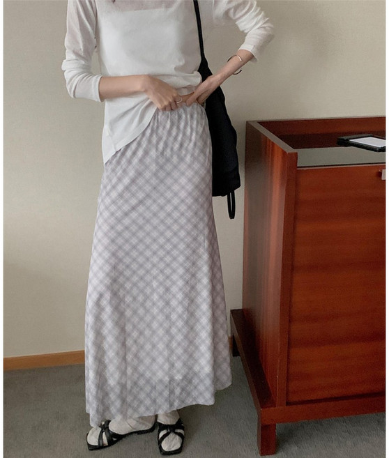 R205 고잉 체크스커트 밴딩 세미 머메이드 롱스커트 레이어드 차르르