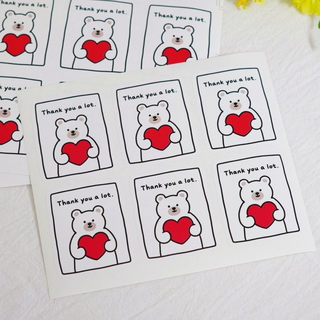 로기플랜 곰돌이 하트 땡큐 스티커 120p 답례품 포장용 thank you 감사 단체선물, 1세트, 화이트