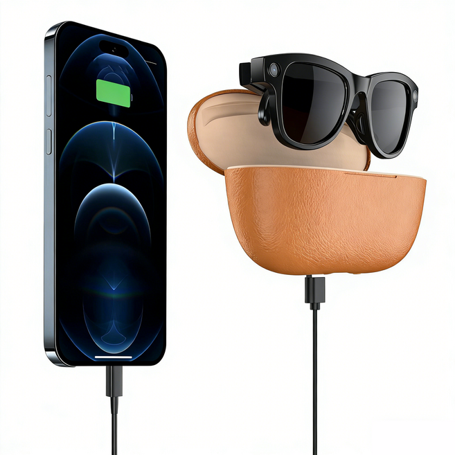 AI 스마트 안경 800만 화소 실시간 번역 사진영상 촬영 교체형 렌즈 휴대용 충전 케이스 포함 보조배터리 기능 컴팩트 디자인 출장 여행용, 브라운 충전 케이스, M02