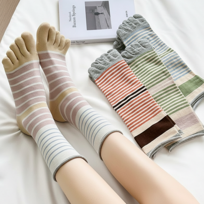 심플리비 여성 캐쥬얼 스트라이프 중목 발가락 양말 4켤레
