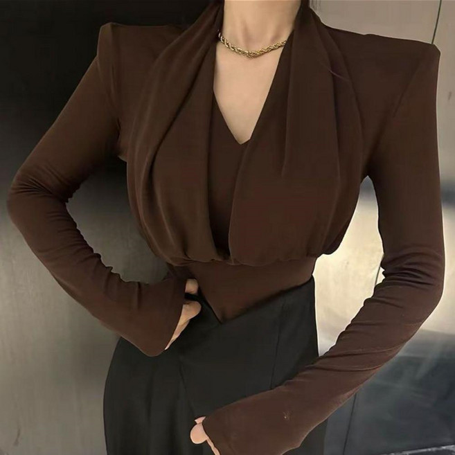 Vezri 여성용 가을 봄 긴팔 상의 브이넥 어깨 패드 디자인 티 F88