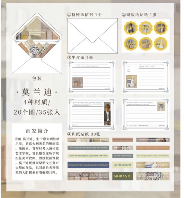 藝術家來信 DIY 信封套裝 世界名畫素材拼貼手帳貼畫, 1個, 莫蘭迪