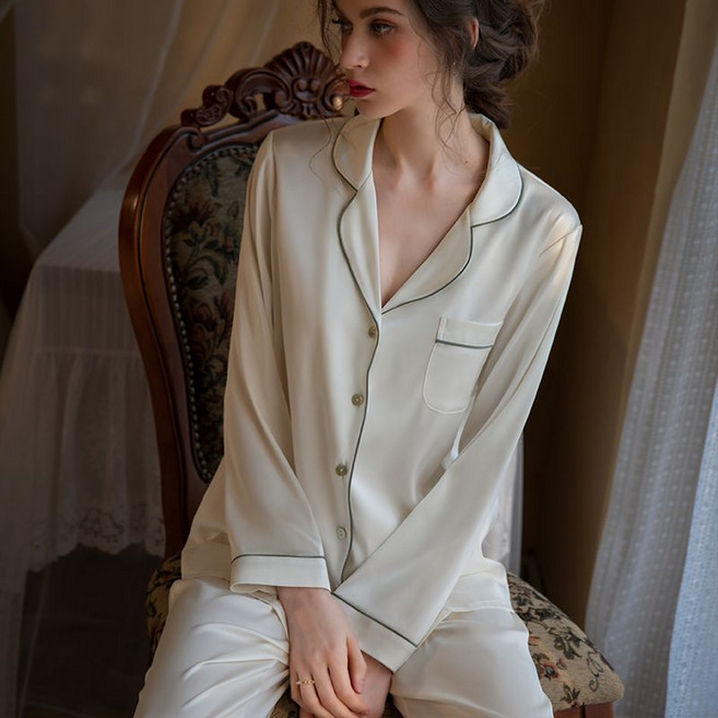 蠶絲睡衣套裝女 長袖長褲兩件套桑蠶絲簡約家居服, 1個, 奶白色S