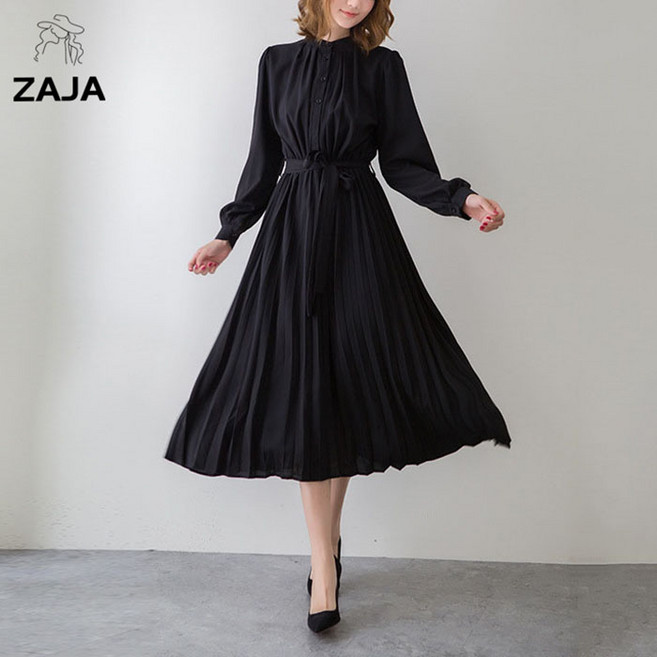 ZAJA 여성 긴팔 플리츠 원피스 스트랩 셔링 오피스룩 롱원피스