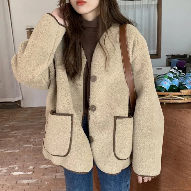 羊羔絨外套女款 韓版寬鬆拼色明線長袖