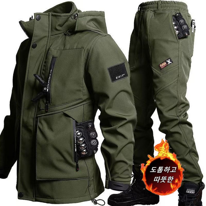 Gradle남자 겨울 방한 작업복 세트 방수 털 스티치 운동복 정비복 아웃도어 바람막이 전술 자켓+기모 트레이닝 바지 상하복세트