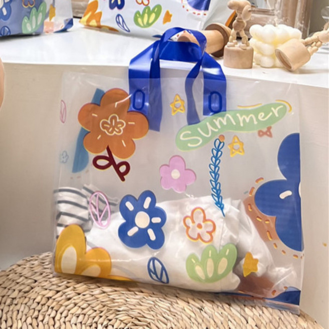 꽃봉투 예쁜 파랑 여름 비닐봉투 쇼핑몰 옷가게 투명 봉지 50매, 1개, M (32x32) 50매