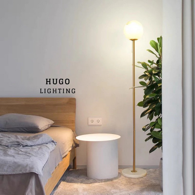 HUGO LIGHTING 北歐風格落地燈 圓形燈罩 大理石底座 客廳立燈 閱讀燈, 白球18cm / 開關腳踏款,含LED燈泡 自然光玉米16w