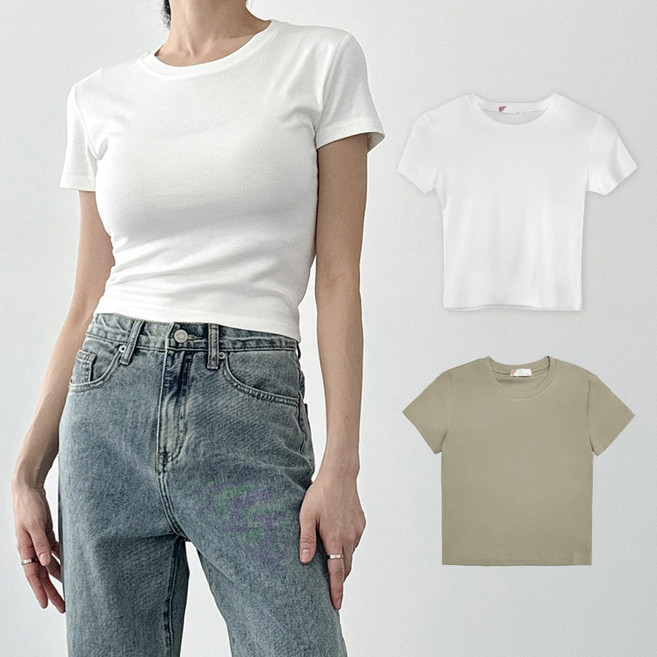 어반플리커 여성용 데일리 라운드넥 크롭 반팔 티셔츠 2P