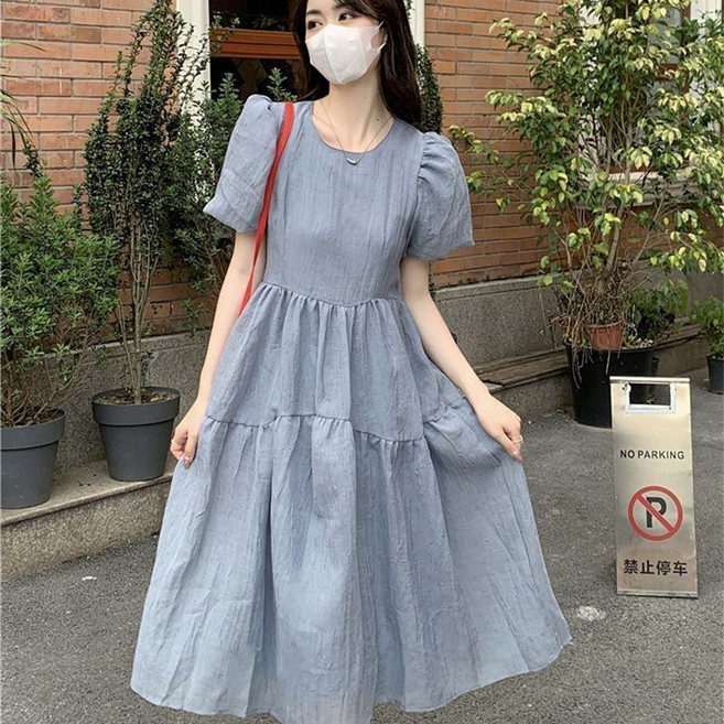 連衣裙 女 夏季 甜美洋裝 法式森系 溫柔風, 灰藍色