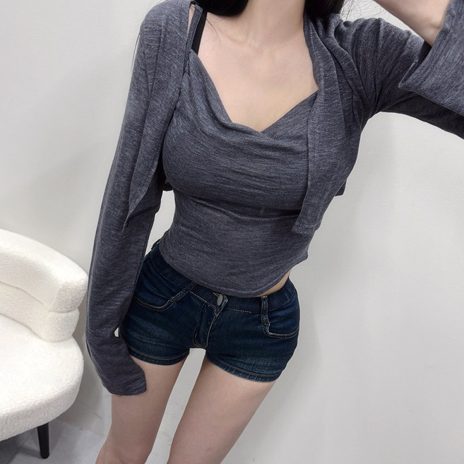 VANANA2 여성 국내제작 말라보이는핏 얇은가디건 드레이프 나시가디건세트 투피스