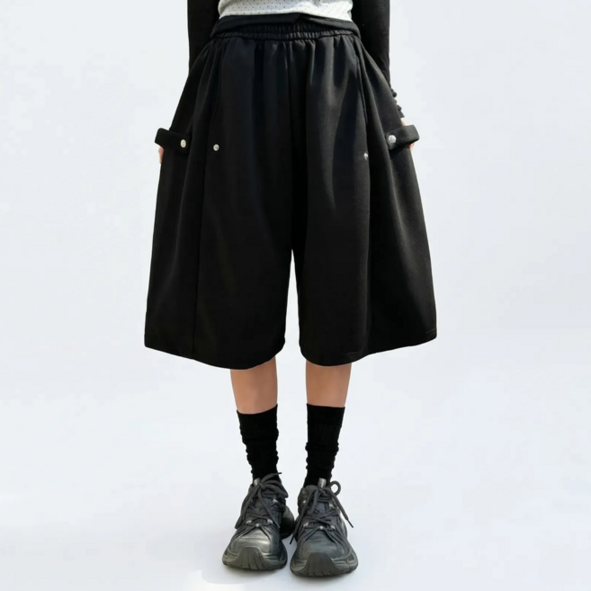 여성용 사이드 스냅 와이드 버뮤다 팬츠