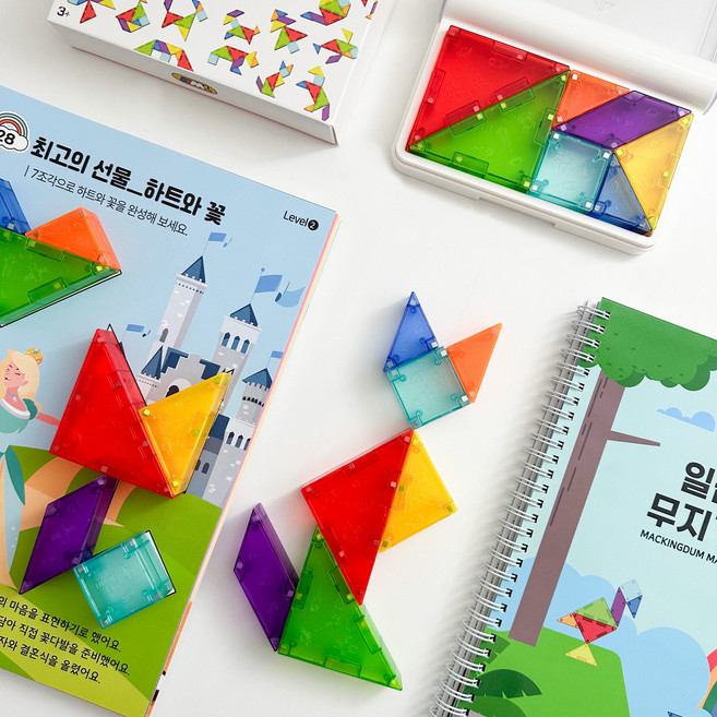 맥킹덤 마그네틱 탱그램 자석 칠교 놀이 퍼즐, 탱그램 + 플레이북 세트, 1세트, 혼합색상