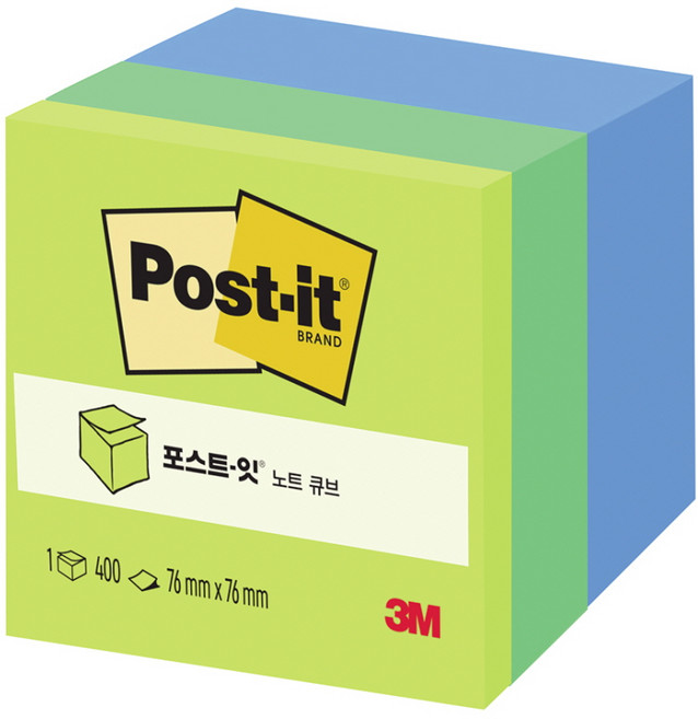 3M 포스트잇 노트 76X76mm 일반용 2054 PP 큐브형 3색 메모지, 3개