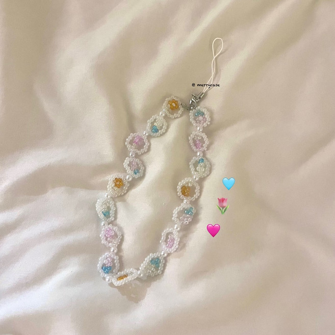 메리 비즈 리본 폰줄 휴대폰스트랩 키링 키치 비즈키링 가방고리 핸드폰줄 폰스트랩 귀여운 파스텔 선물, 1개, 도트플라워