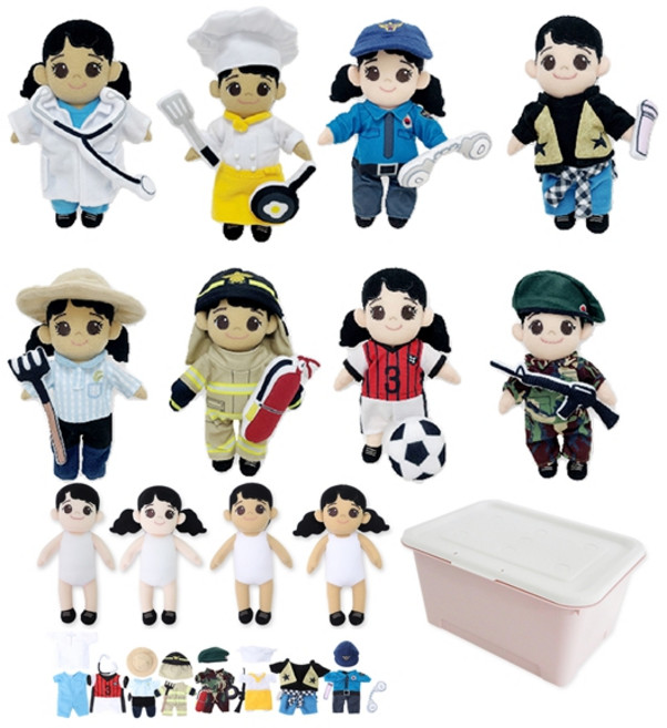 직업체험 직업 역할극 옷입히는 봉제인형 4p + 의상 8p + 소품 8p 어린이집 유치원 교구 교재 (18개월 이상), 혼합색상, 1개