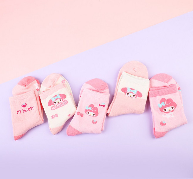 코지24 국산 정품 산리오 마이멜로디 중목 양말 5켤레 세트 아동 키즈 여아 어린이 유아 초등 깜찍한 캐릭터 예쁜 귀여운 봄 가을 양말 조카 어린이 단체 선물 어린이선물