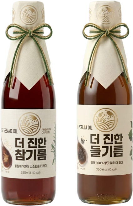 [들녘] 전통압착 더 진한 통참깨100% 참기름 350ml 1병 + 통들깨100%들기름 350ml 1병, 1세트