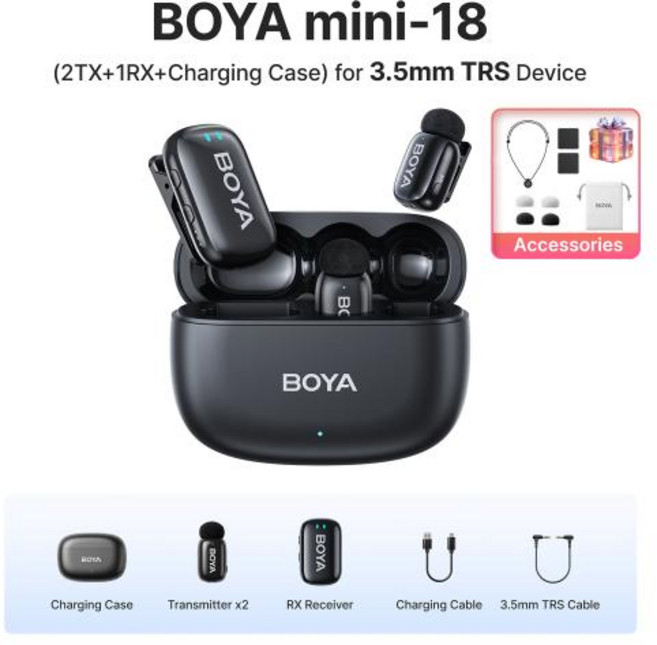 스트리밍용 BOYA 미니 무선 라발리에 라펠 마이크 충전식 소음 제거 iPhone 15-16 iPad Android Type-C 스마트폰 카메라 PC 라이브 방송 오디오 비디오 녹, 18--TRS-Gift, 1개