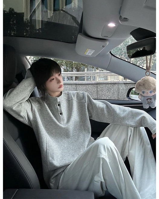 黑色美式亨利領衛衣男款秋冬季解構polo衫長袖t恤正肩內搭打底衫