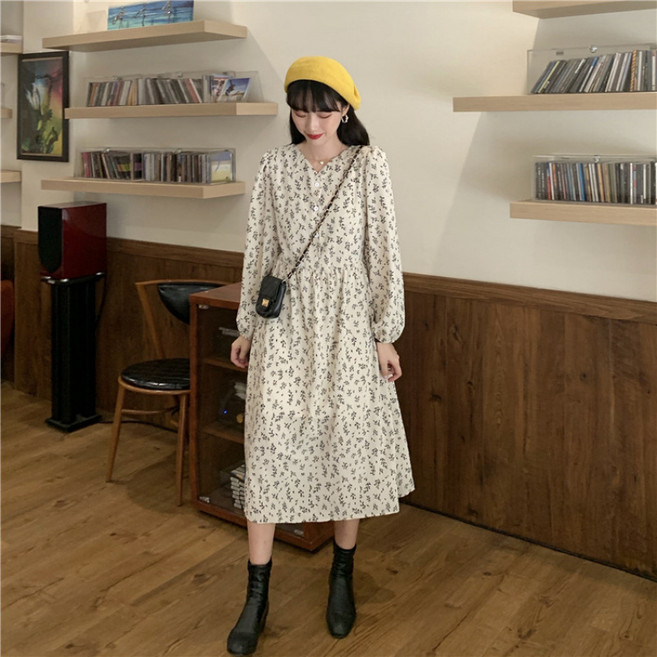 SAHINER 여성 플로럴 롱원피스 허리밴딩 봄가을 데일리룩