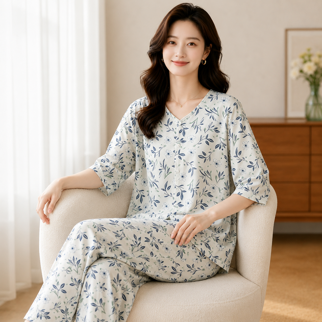 란시 부드러운 100% 코튼 플라워 칠부 여성 잠옷 세트 사계절 입는 홈웨어 실내복