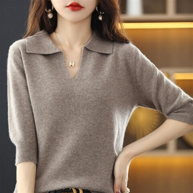 Makone 여성 솔리드 니트 티 브이넥 루즈핏 7부소매 티셔츠 패션 캐주얼 데일리 스웨터 심플