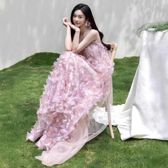 핑크 시폰 웨딩드레스 신부용 결혼식 이브닝 파티복 우아함 강조 긴팔 레이스 빈티지 스타일