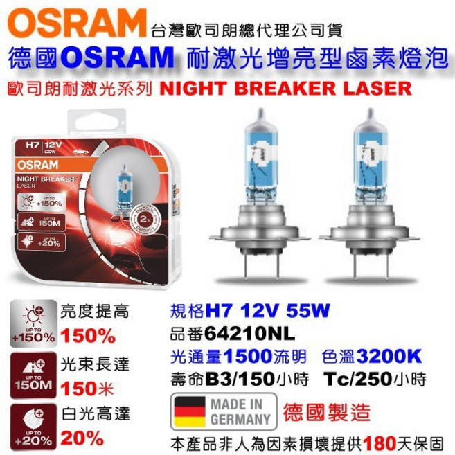 OSRAM 歐司朗 Night Breaker Laser H7 鹵素燈泡 64210NL, 1個