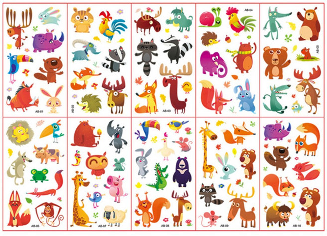 전제품 (10장세트)KC인증 어린이 타투스티커 캐릭터 판박이, AB동물, 1개