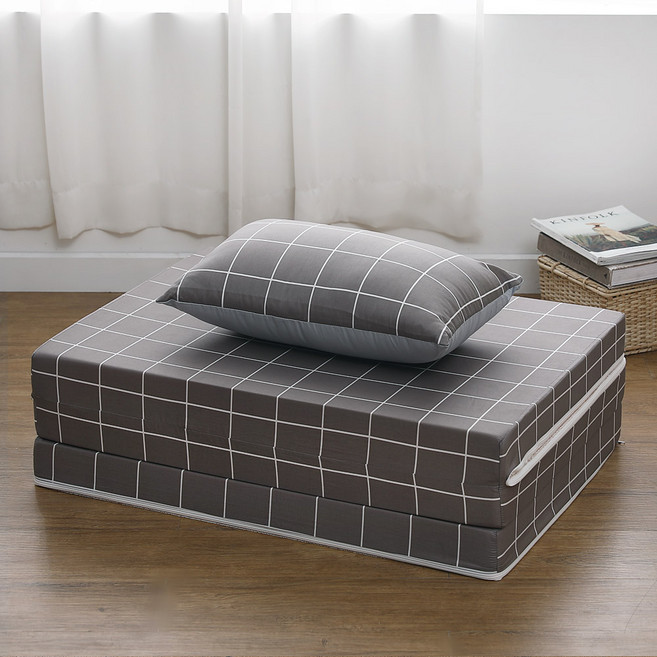 조은집 순면 3단 접이식 매트리스 + 베개 세트 잠이 편안해요, 그레이체크