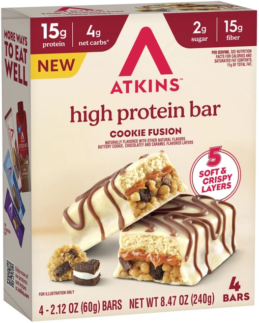 앳킨스 하이 프로틴 바 5 소프트 & 크리스피 레이어 쿠키 퓨전 4개입, 240g, 1개 - 쿠팡