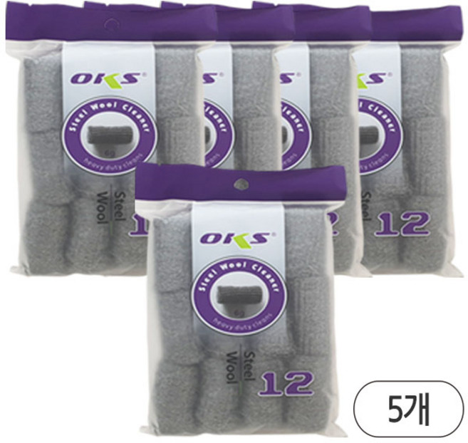 OKS 스틸울 철솜 수세미 0000 대용량, 5개, 12개입