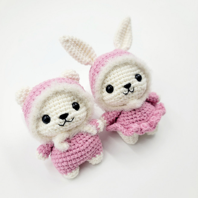 코바늘 인형 만들기 DIY 키트 토끼 곰돌이 뜨개 키링 만들기 세트 뜨개질 재료 패키지, 1개, 핑크