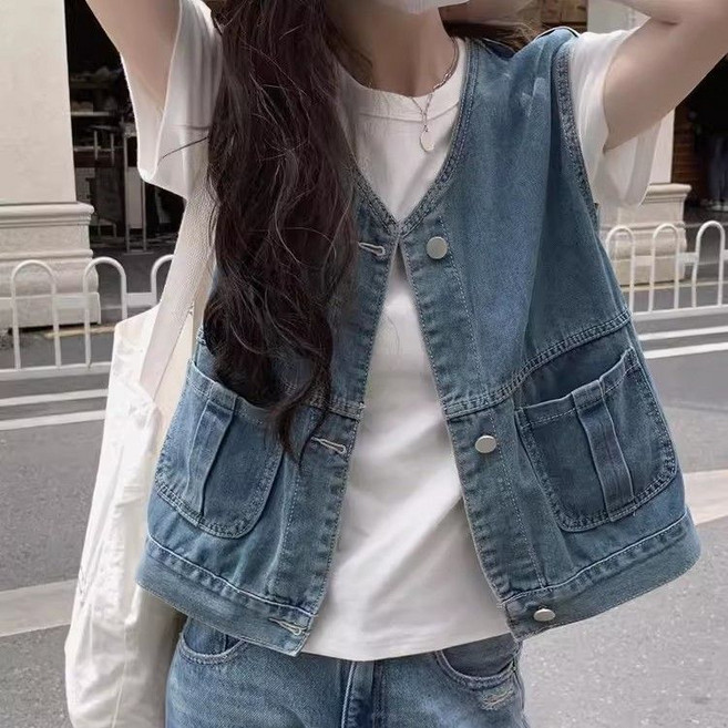 여성용 여름 데님 조끼 빈티지 데님 조끼 봄가을 캐주얼 스타일 포켓 장식 청자켓 JS