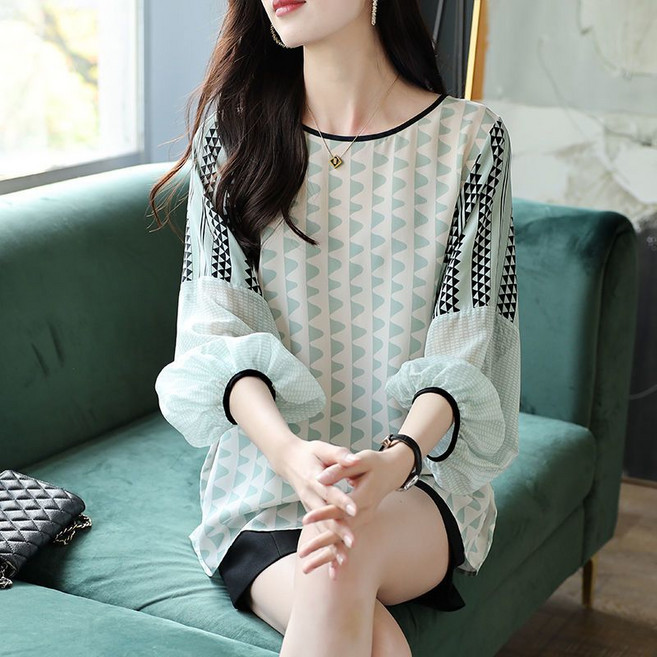중년 여성 쉬폰 반팔티 여름 반팔 블라우스 중년 여성 데일리 루즈핏 패턴 셔츠 봄 여름 통기성 좋은 블라우스 JXH