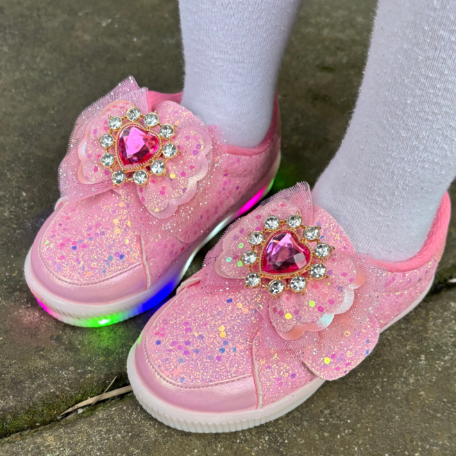 프롬베베 여아용 릴리 글리터 리본 LED 여아 운동화