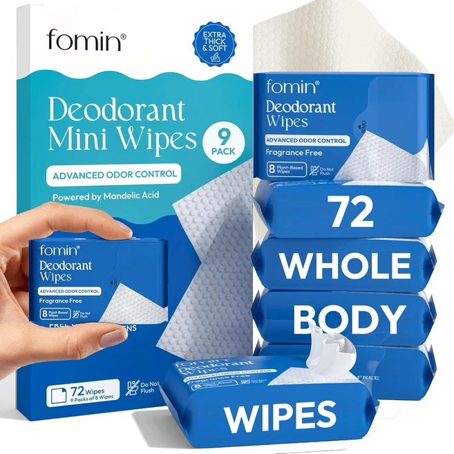 여성 및 남성용 FOMIN 산성화 여행용 데오드란트 미니 물티슈 - 무향 72 카운트 pH 균형 잡힌 생분해성 사이즈 플라스틱 프리 겨드랑이 바디, Fragrance Free, 1_8 Count (Pack of - 쿠팡