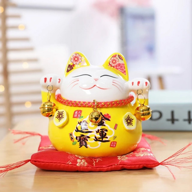 招財貓存錢筒 存錢儲蓄罐 陶瓷招財貓擺件 開運居家裝飾 創意禮品 日式撲滿, 1個, 金運進寶, 黃色