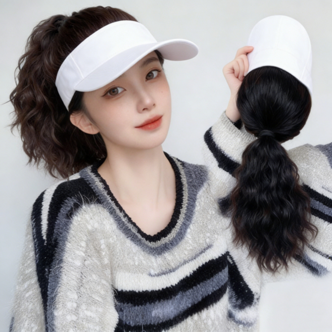 상덕 가발 헤어 자연스러운 여신 일체형 긴머리펌 모자 가발, 1개, 브라운블랙