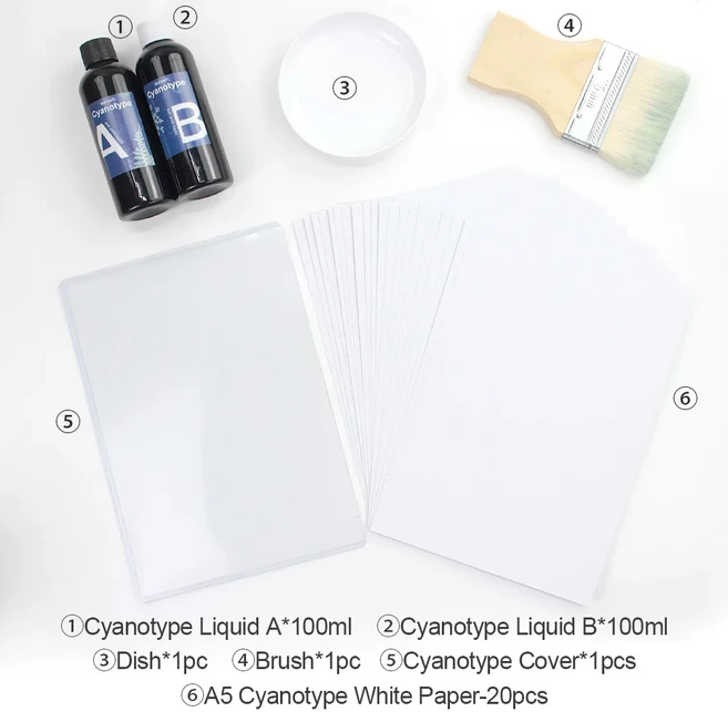 A5/A 컬러 백서 Cyanotype 액체 키트 (50/100ml) 튜토리얼 도구 포함 태양열 인쇄 드로잉 지 DIY Sun Art, 02 A5-white 20pcs-100ml