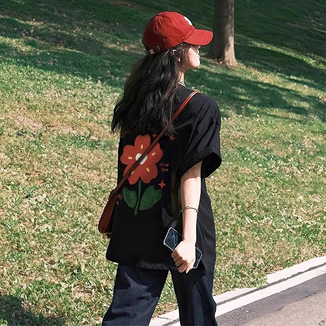 DUOMIHAN여성 오버핏 꽃 자수 포인트 반팔 티셔츠 캐주얼 데일리룩WZS60323